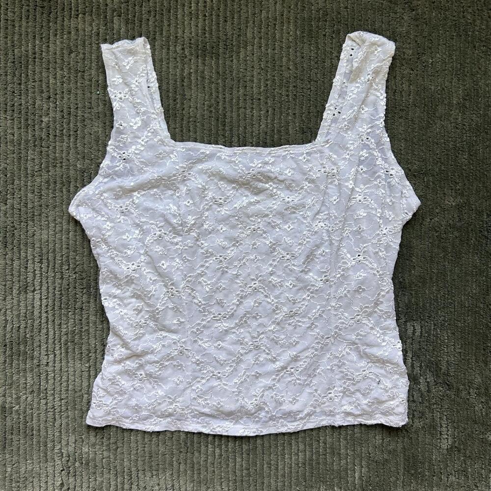 Vintage 90s Ribbed White Lace Tank Top with Floral Embroidery — Women’s Size XL